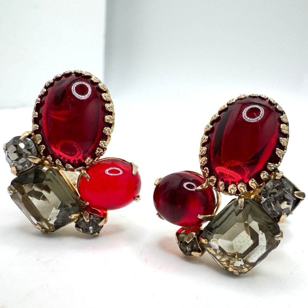 Regency Clip-On Earrings Ruby Red Glass Cabochons Oval Smoky Rhinestone Vintage
